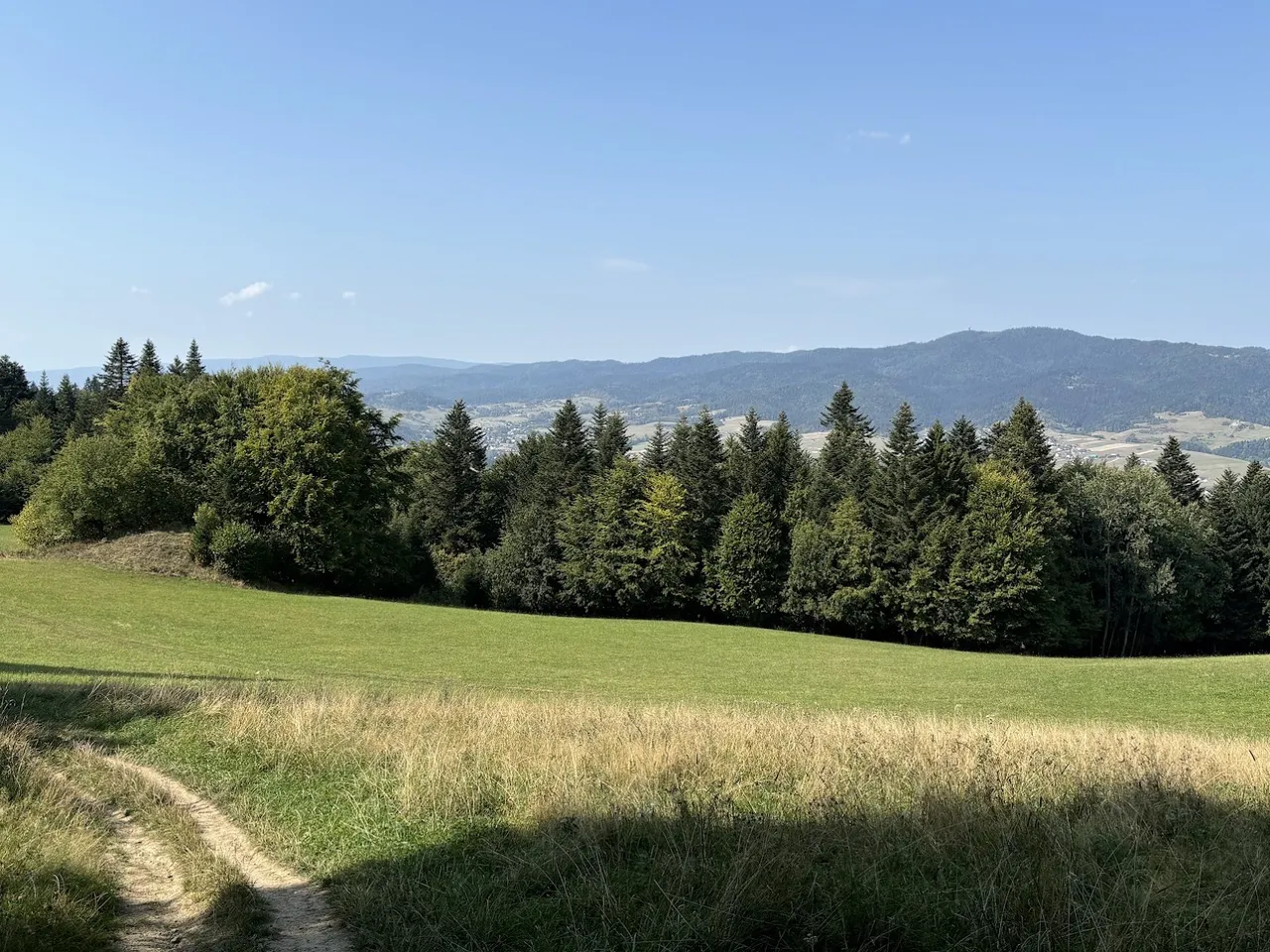 Okolice Przełęczy Trzy Kopce - widok na Gorce (widać Lubań z wieżą widokową); godzina 13:50