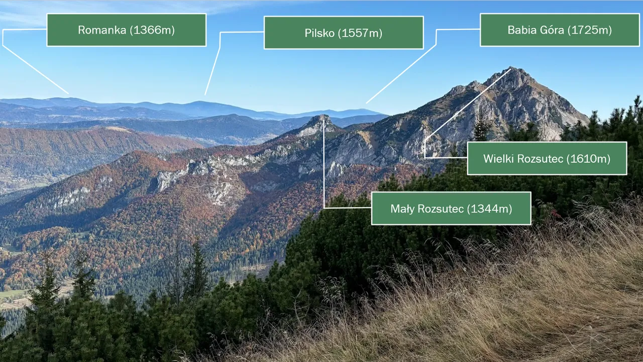 Widok z Południowego Gronia na Wielki i Mały Rozsutec. W tle Beskid Żywiecki z Babią Górą, Pilskiem i Romanką.