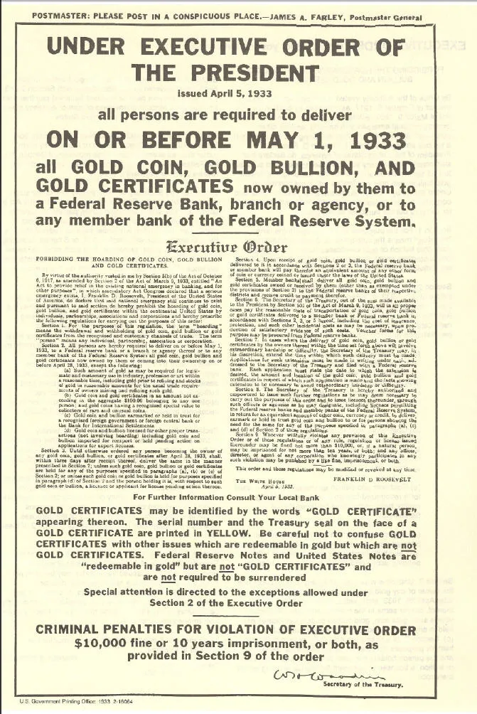 Executive Order 6102 by Franklin D Roosevelt making owning Gold illegal in the USA.jpg