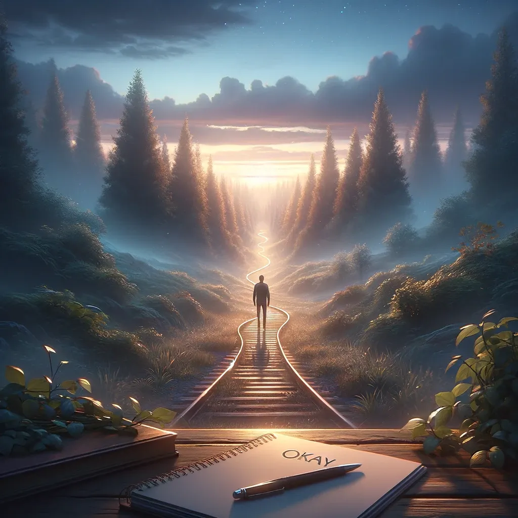 DALL·E 2024-02-08 11.53.39 - Create a serene and inspiring image that embodies the theme of 'Okay With Whatever May Come.' Visualize a peaceful landscape, perhaps at dawn or dusk.png