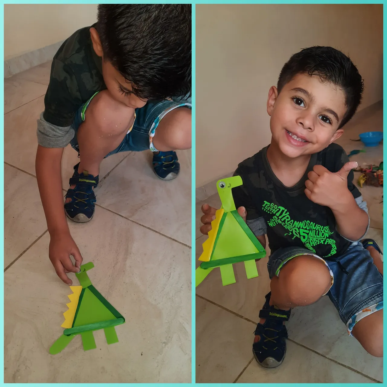 Creamos un dinosaurio con Paletas y papel./We created a dinosaur with Popsicles and paper.