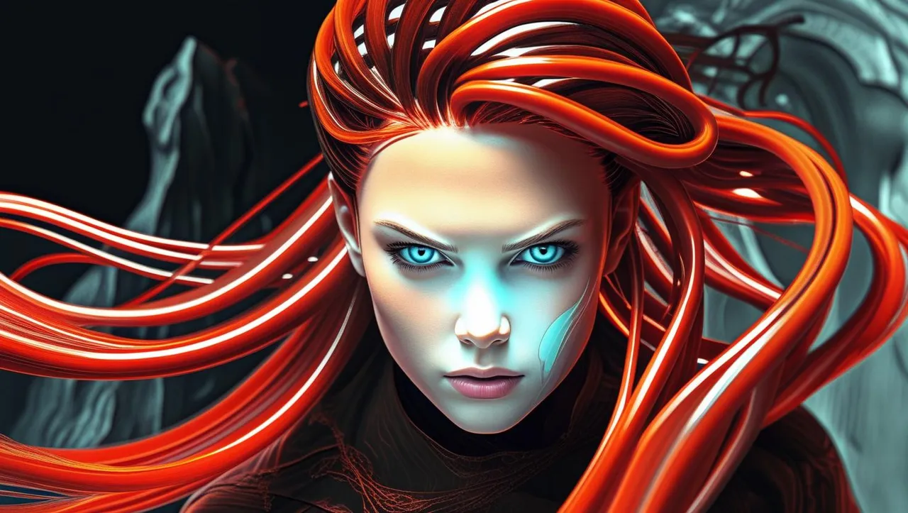 _A powerful young woman with intense eyes staring directly at the camera, serious facial expression, long flowing red hair that twists upward as if it's being pulled or blown from below. Her face is highly detailed.jpg