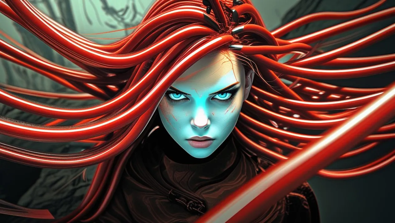 _A powerful young woman with intense eyes staring directly at the camera, serious facial expression, long flowing red hair that twists upward as if it's being pulled or blown from below. Her face is highly deta (2).jpg