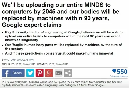 Google's Dir. Ray Kurzweil, "We'll be uploading our entire minds to computers by 2045"