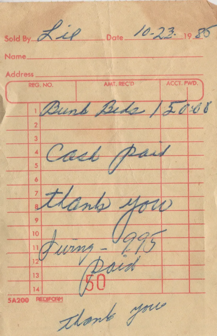 1986-10-23 - Thursday - Lil, 150 bucks bunk beds, cash paid, thank you, 9.95 bucks for driving, paid.png