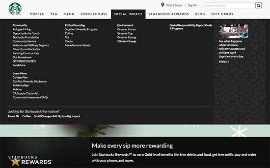 Starbucks website showing a mega menu