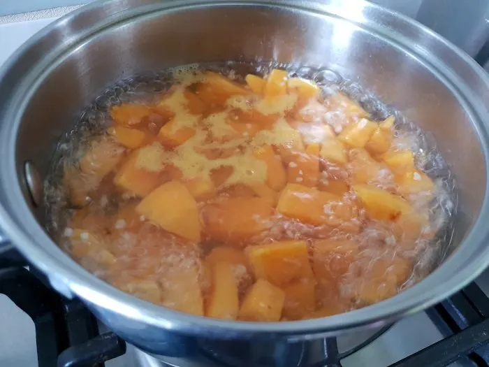 boiling the sweet potato for the flatbreads