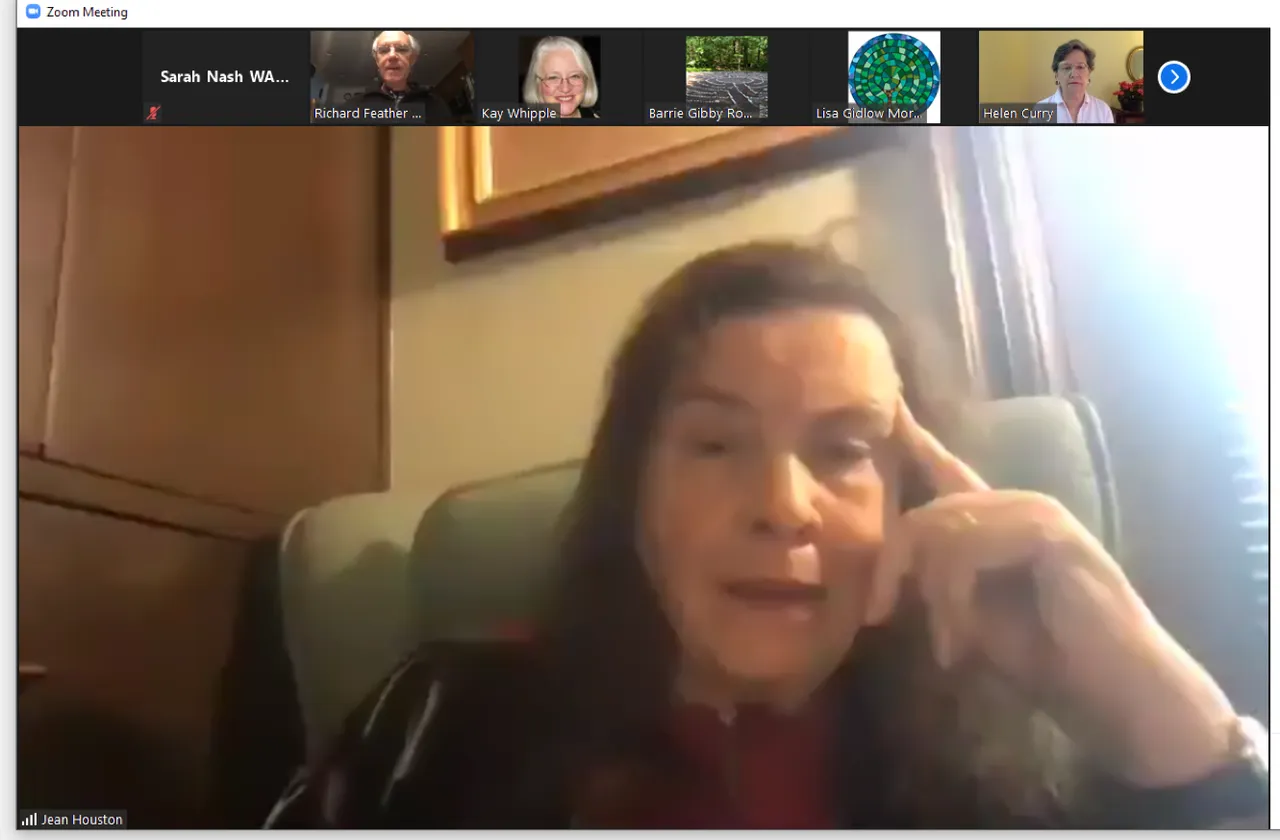 Screenshot of Dr. Jean Houston during the 2020 virtual gathering for the Labyrinth Society