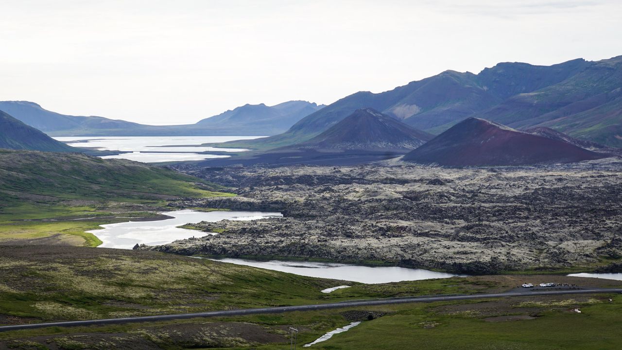 View of the Berserkjahraun lava field, Selvallavatn lake, and the craters.