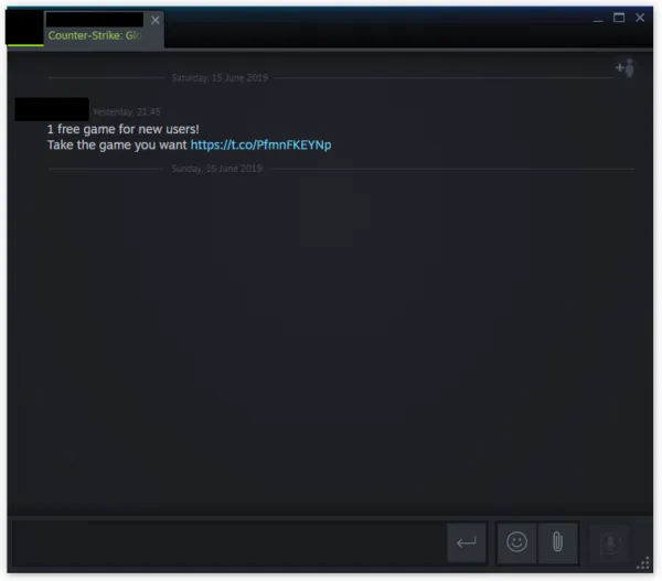 Steam phishing message