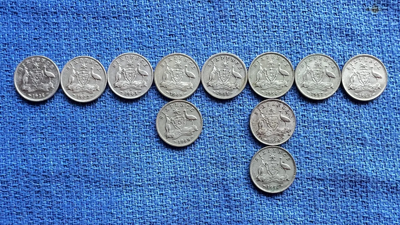 1925-1942-1943-1948-1951-1954-1957-1963 AUSTRALIAN SIXPENCE- FRONT.JPG