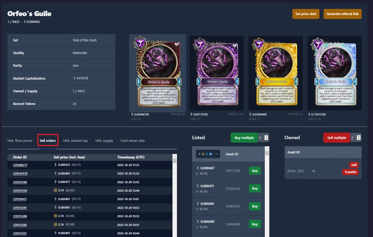 Sell order history in card details view