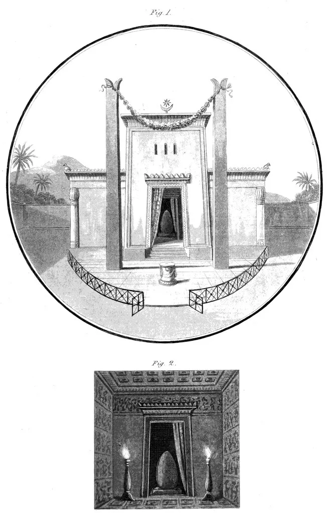 Temple of Aphrodite at Paphos showing the conical stone of the Goddess. Figs. from "Der Tempel der himmlischen Göttin zu Paphos" by Friedrich Münter.