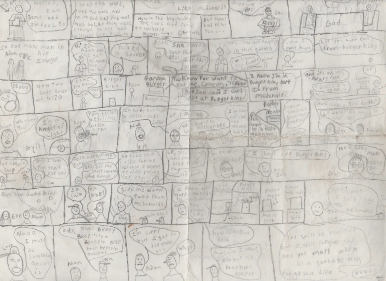 Cool Kid Comic - Creation, God, Devil, Jesus, Adam, Eve, Cain, Abel, overall outline of the comic strip story.png