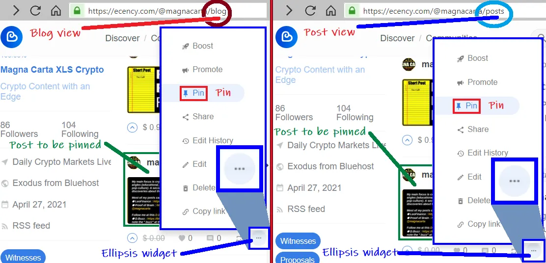 Pinning a post is availble from ellipsis widget from both Blog view and Post View