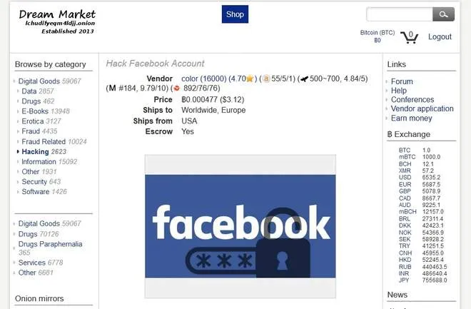 facebook hack dark web data