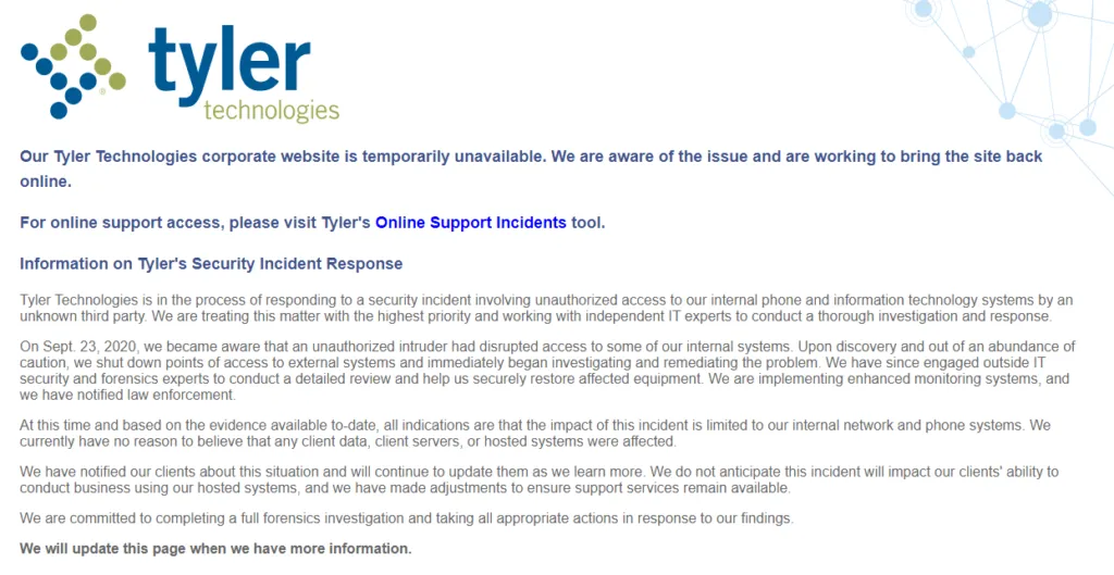 Tyler Technologies Suffered Ransomware Attack