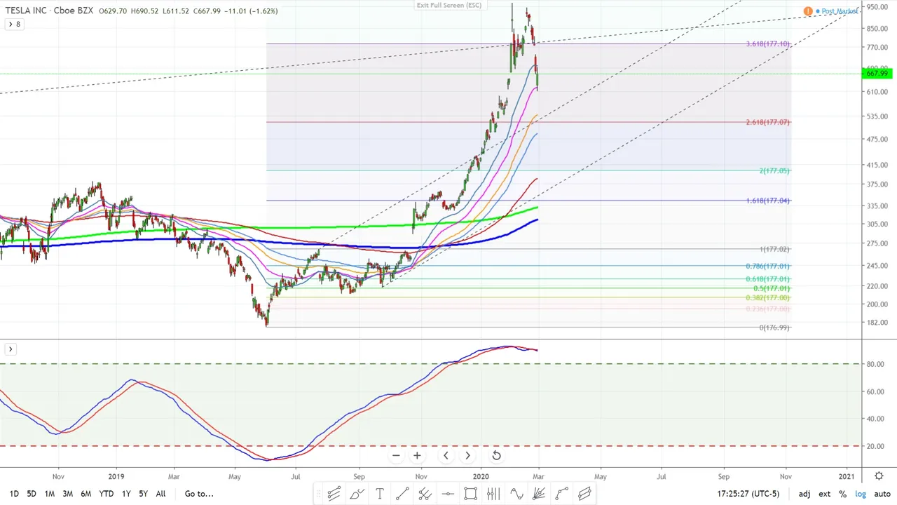 Tesla TSLA Fibonacci false break out smashed down daily - February 28, 2020.jpg