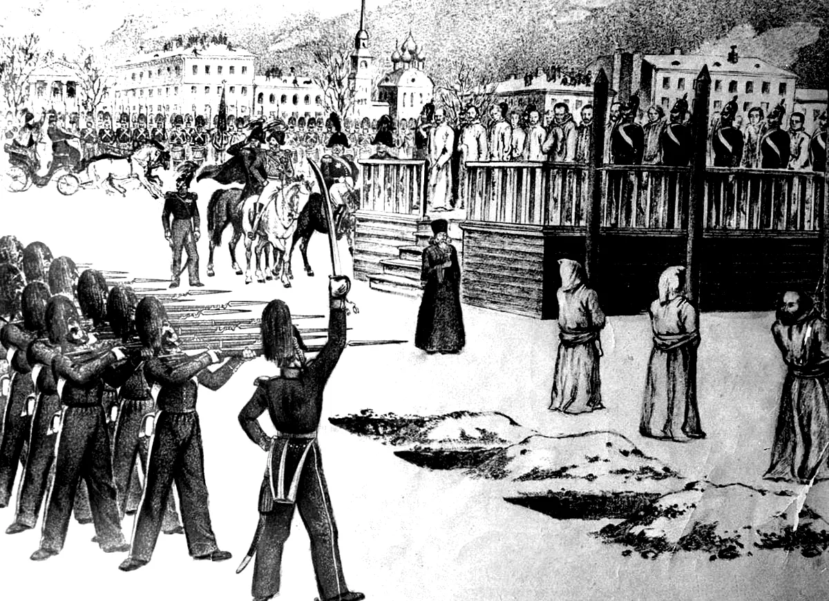 Mock execution Petrashevsky Circle dostoyevsky St. Petersburg, SemionovPlaz 1849. B. Pokrovsky's drawing free.jpg