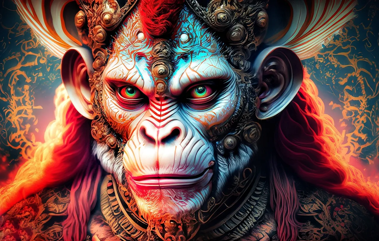 Firefly_A+magical wonderland lord Hanuman the monkey king in a negative avatar red eyes aggressive in 8k extremely detailed with dark colors and a dark atmosphere infinite intricacy fractal pattern, hyper-realistic, science_fi-01.jpeg