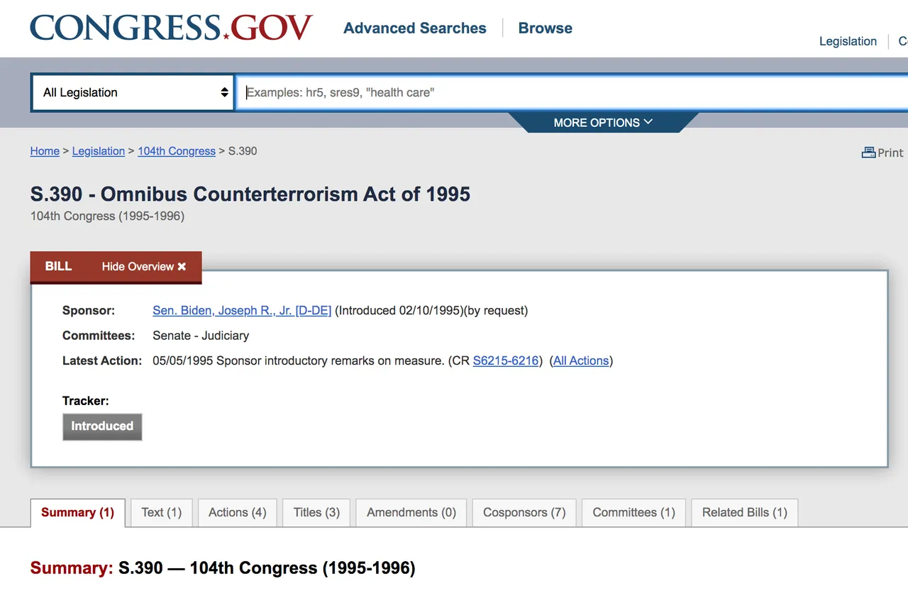S 390  104th Congress  19951996   Omnibus Counterterrorism Act of 1995   Congress gov   Library of Congress.png