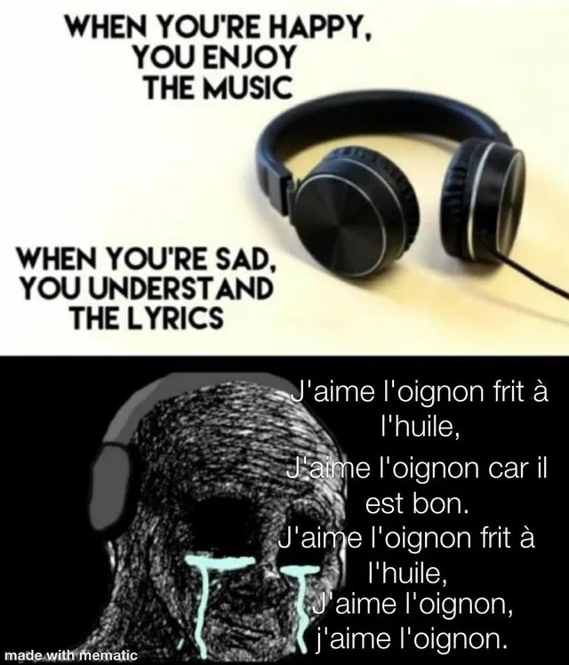 When you're happy, you enjoy the music. When you're sad, you understand the lyrics. Crying Wojak: J'aime l'oignon frit à l'huile, J'aime l'oignon car il est bon. J'aime l'oignon frit à l'huile, J'aime l'oignon, j'aime l'oignon.