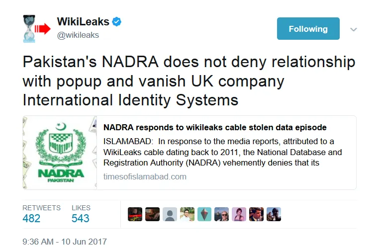 WikiLeaks on Twitter Pakistan s NADRA does not deny relationship with popup and vanish UK company International Identity Systems https t.co hr48REhv1n .png